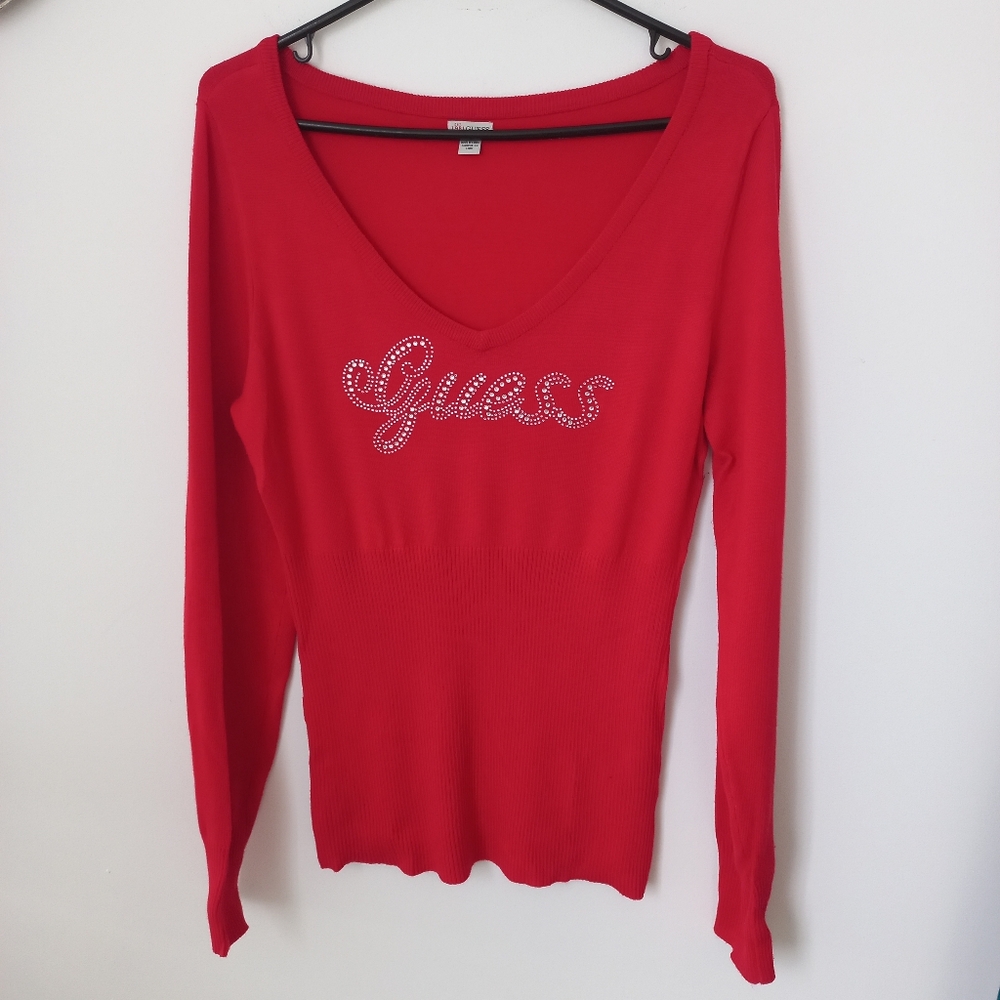 Guess Women's Red V-Neck Sweater Size L US
